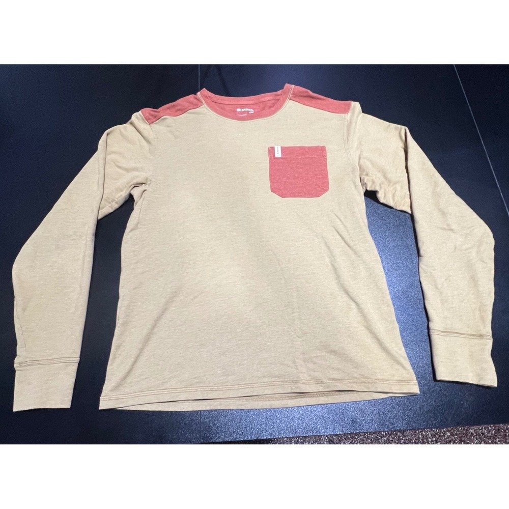 Simms Mens Long Sleeve Pocket Tee Tan Red Colorblock Thumbhole Shirt Size M